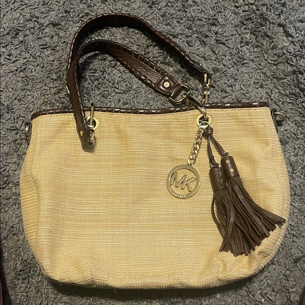 Michael Kors Beige Straw Tote with Brown Leather Trim and MK Charm